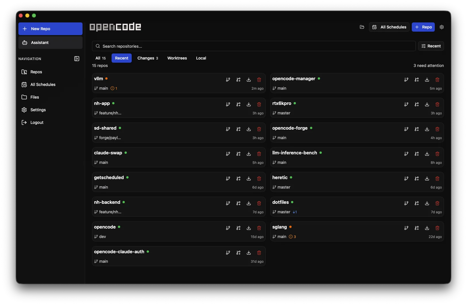 OpenCode Manager dashboard